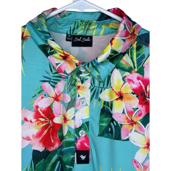 Bad Birdie Tropics Hawaiian Floral Golf Polo Shirt Mens Medium Teal Plumeria - Picture 4 of 7